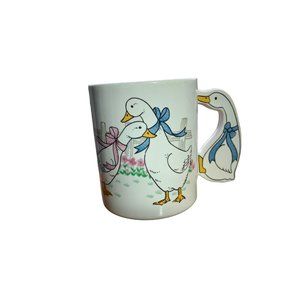 Vtg GOOSE GEESE MUG CutOut Handle Ceramic White Blue JAPAN EUC